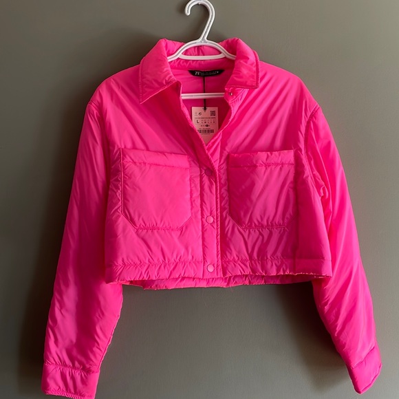 Zara Jackets & Blazers - Zara Neon Pink Cropped Light Puffer Jacket